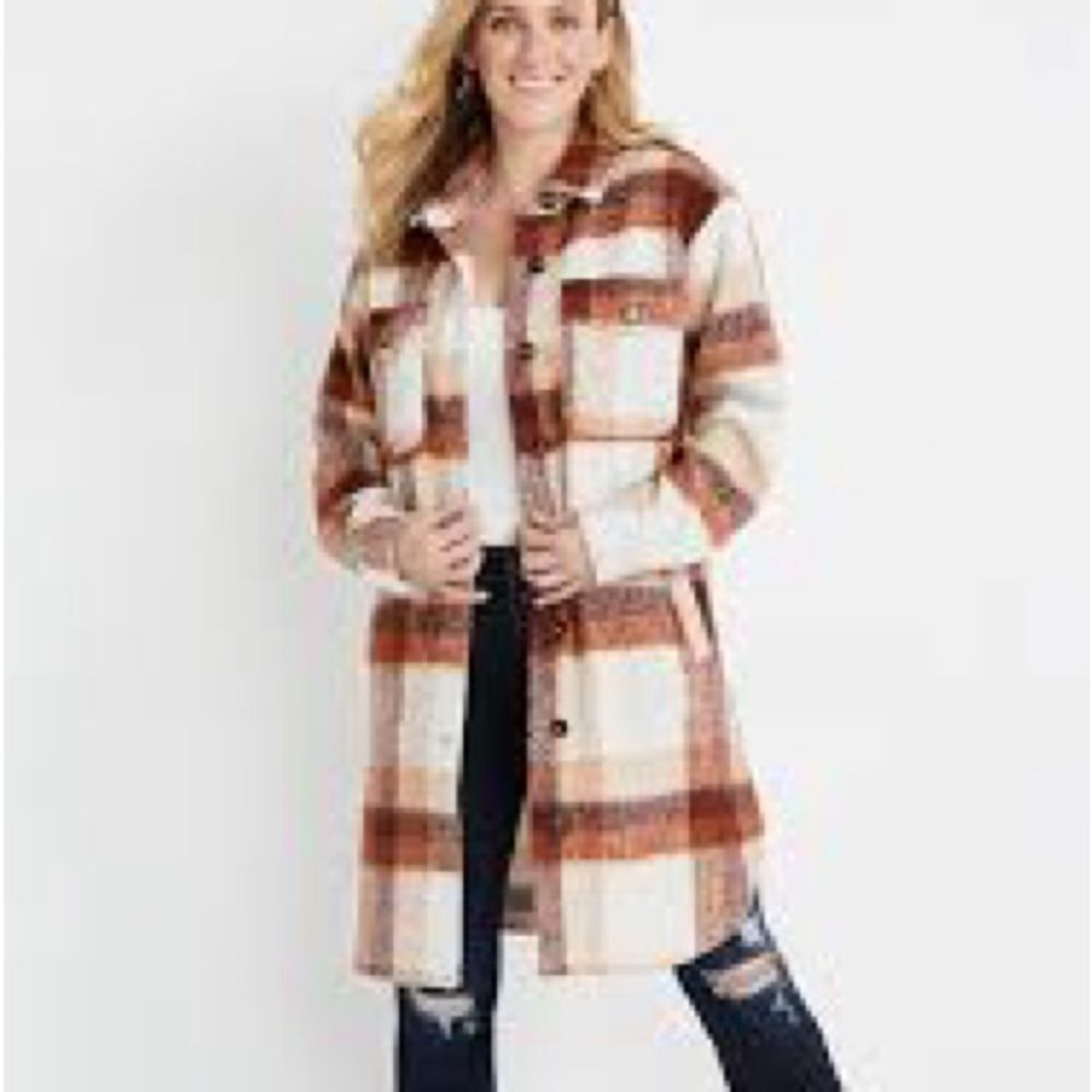 Maurices longline Plaid Button-Up Long shacket Coat plus size 1x